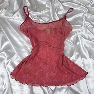 y2k Isabella Mesh Cami Top Pink Rose Floral Excellent Sheer Lettuce Trim Cami